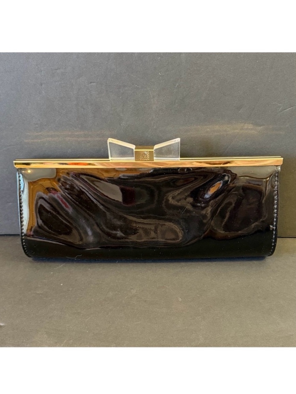 Black Patent Convertible Clutch Purse Gold Chain Lucite Bow Clasp Evening Bag